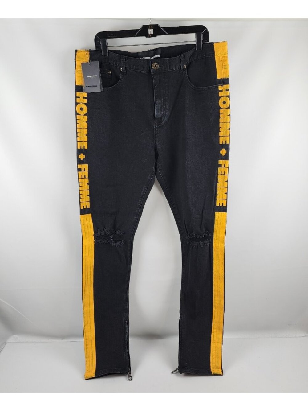 Homme + Femme Jean 38 Striped Logo Black Denim Yellow Stripe Hand Airbrushed NWT